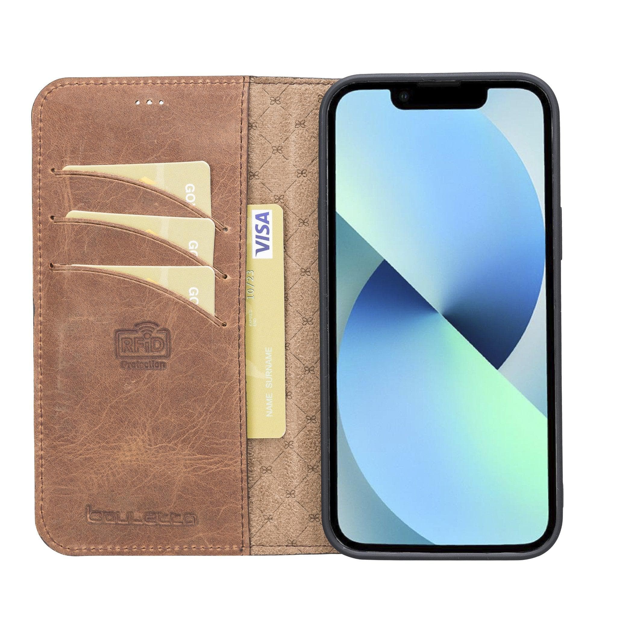 Apple iPhone 13 Series Non-Detachable Leather Wallet Case - WC iPhone 13 / Antic Brown Bornbor