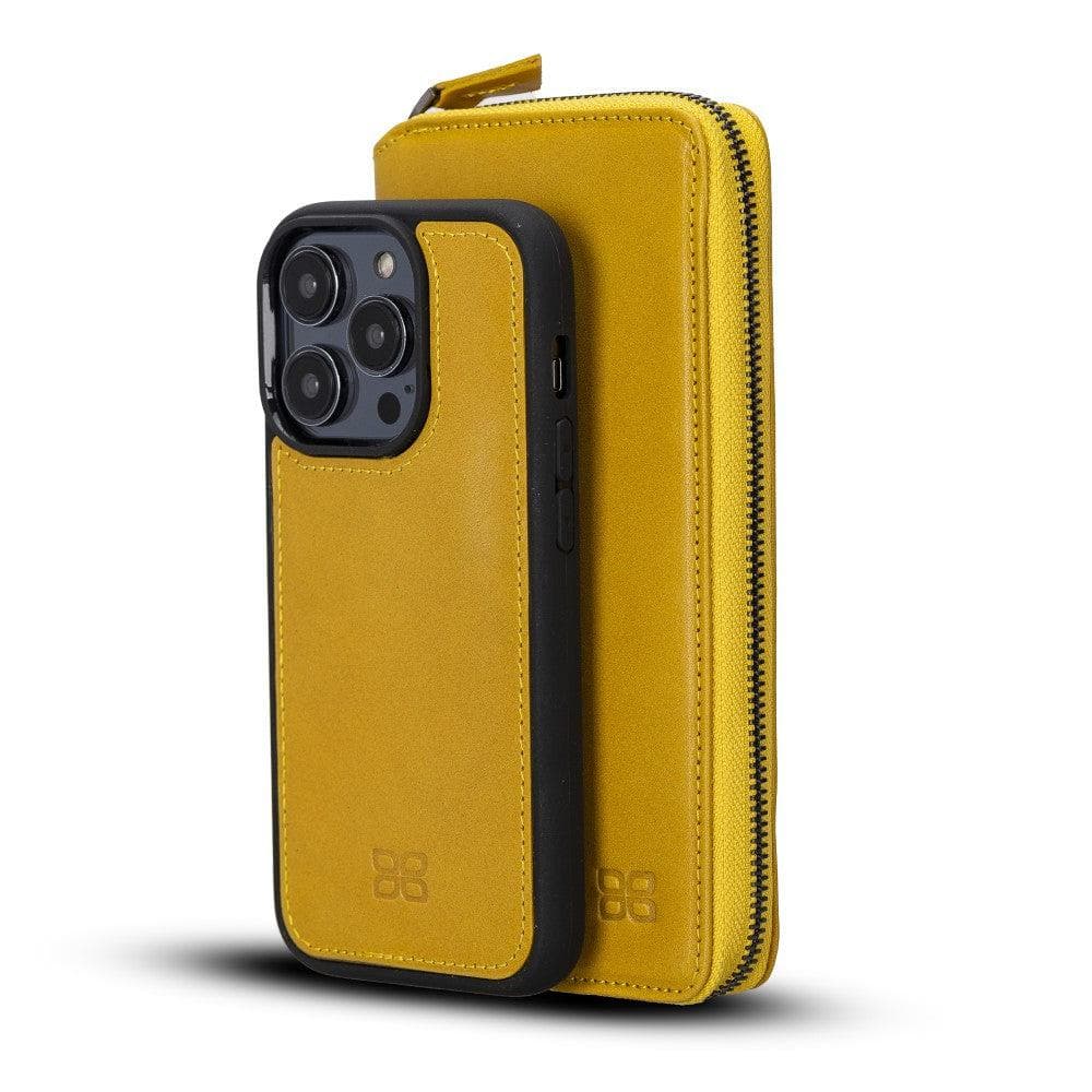 Apple iPhone 14 Series Detachable and Zipper Leather Wallet Case - PMW iPhone 14 Pro Max / Mustard Bornbor