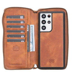 Detachable Leather Zipper Wallet Cases for Samsung Galaxy S21 Series S21 Ultra / Tan Bouletta LTD
