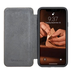 Slim Fit Book Leather Case for Apple iPhone X and iPhone XS Vegetal Grey Bouletta LTD