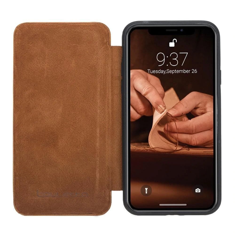 Slim Fit Book Leather Case for Apple iPhone X and iPhone XS Vegetal Tan with Vein Bouletta LTD